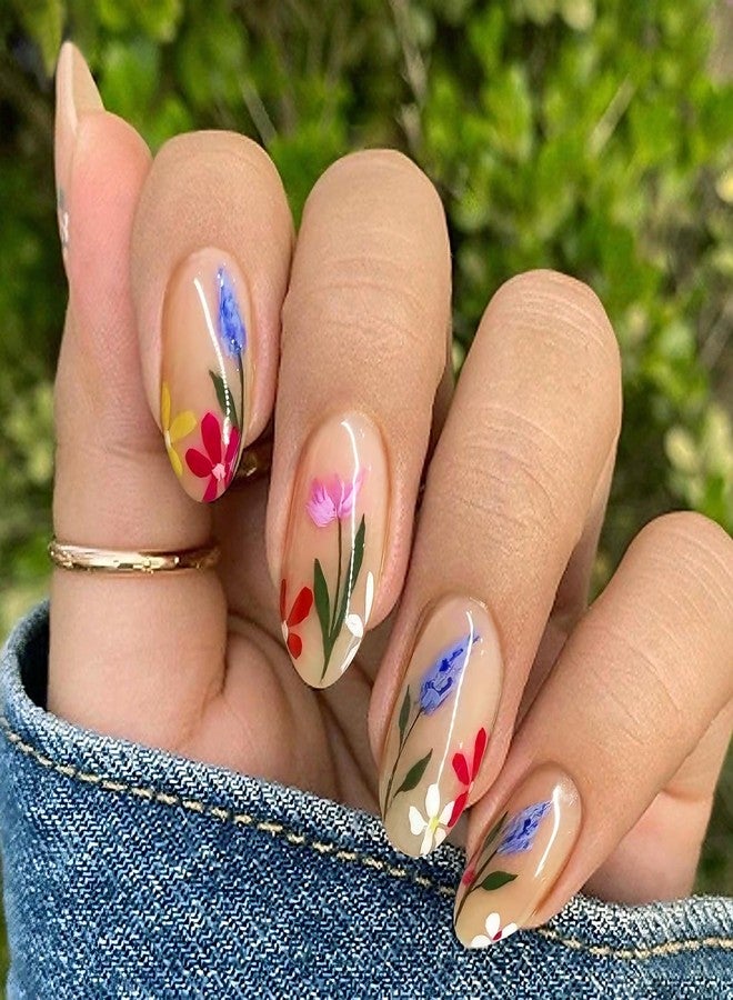 SEMATA Nude Press on Nails Almond Medium Full Cover Spring Summer Acrylic False Fake Nails Press ons Flower with Shiny Colorful Floral Design Fake Nail 24Pcs Reusable Stick on Nail for Women - Image 2